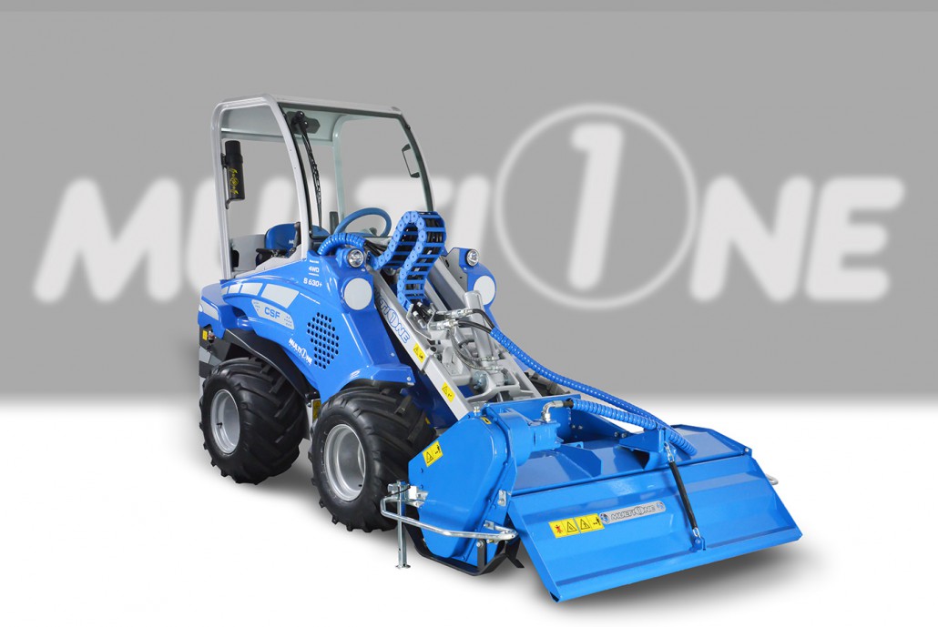 full view of a multione rotary tiller assembled on a mini loader